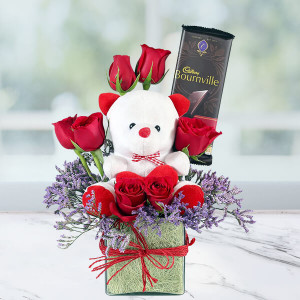 Arrangement On Teddy Chocolate Roses